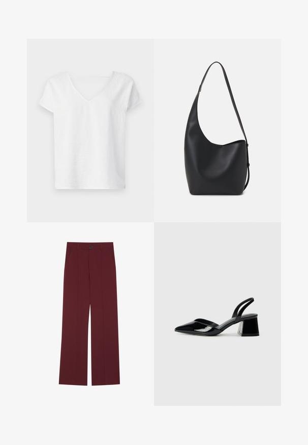 Biele ľanové tričko s voľným strihom, krátkymi rukávmi a výstrihom do V. Má jemne textúrovaný povrch a bočné rozparky pre pohodlný pohyb.; Burgundske nohavice s širokým strihom, s uzatváraním na gombík, dvoma bočnými vreckami a prekladaným detailom na prednej strane. Hladká textúra látky.; Čierne lakované kožené sandálové podpätky s špicatou špičkou a geometrickým blokovým podpätkom. Disponujú elegantným, minimalistickým dizajnom a hladkým povrchom.; Čierna kožená hobo taška so hladkou textúrou, zakriveným tvarom a jedným nastaviteľným popruhom; má široké otvorenie na vrchu.