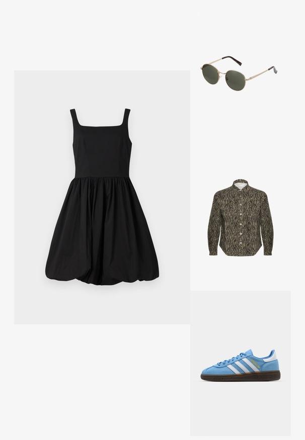 Šviesiai rusva ir juoda zebrų juostų rašto marškiniai su tvirtu apykakle, ilgomis rankovėmis ir ryškiais priekiniais mygtukais.; Juoda be rankovių suknelė su kvadratiniu iškirpimu, prigludusia liemene ir susiraukšlėjusiu, išsiskleidžiančiu sijonu, kuris baigiasi apvaliu kraštu. Lygus audinys.; Šviesiai mėlyni suediniai sportbačiai su baltomis odinėmis juostelėmis, ruda tekstūruota padais ir auksiniu logotipo akcentu. Žemas dizainas su apvaliu pirštu.; Apvalūs akiniai nuo saulės su metaliniais auksiniais rėmeliais ir tamsiai žaliais objektyvais. Rankenos turi vėžlio kiauto dizainą papildomam detalumui.