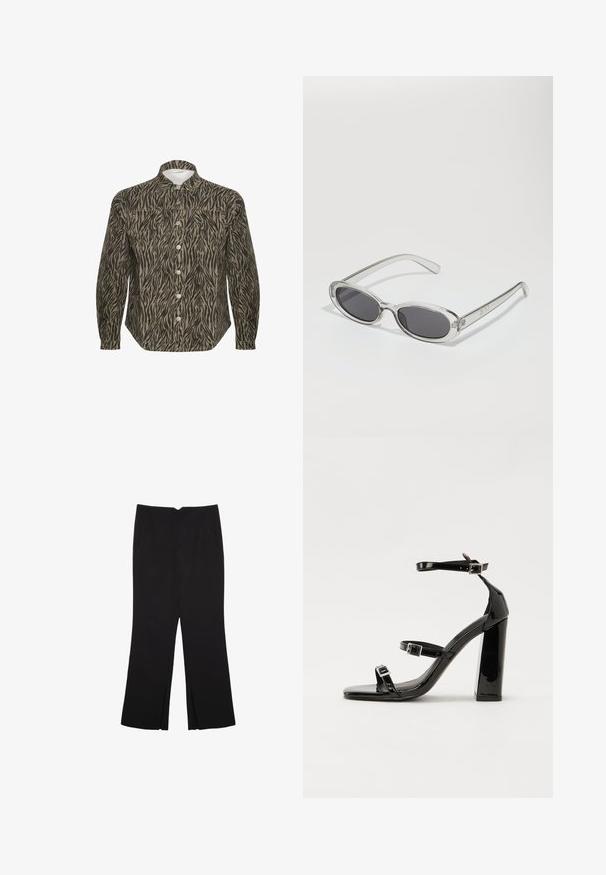 Button-up shirt in a beige and black zebra stripe pattern, with a structured collar, long sleeves, and prominent front buttons.; Black trousers with a straight fit, featuring front pockets and side slits at the hem. Made of soft, smooth fabric. Suitable for various occasions.; Black patent heeled sandals with a square toe, ankle straps, and silver buckles. Features a chunky block heel for stability.; Sunglasses with an oval shape, clear plastic frame, dark gray lenses, and thin transparent arms featuring logo accents and minimal detailing.; Black leather handbag with a curved shape, detachable strap, and gold hardware. The bag features a flap with a buckle detail.