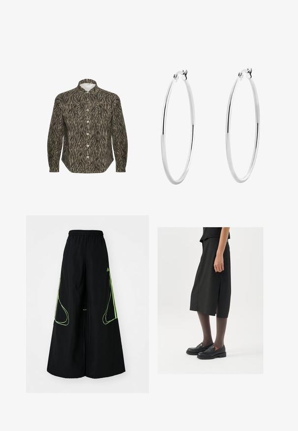 Hemd mit Knopfverschluss in einem beige-schwarzen Zebra-Streifenmuster, mit strukturiertem Kragen, langen Ärmeln und auffälligen Vorderknöpfen.; adidas Originals TEAMGEIST ADICOLOR OVERSIZED - Jogginghose - black/signal green; Schwarzer knielanger Rock mit seitlichem Schlitz, kombiniert mit schwarzen Loafers und transparenten braunen Strumpfhosen, aus glattem Stoff und mit einem schlichten Design.; Silberne Creolen mit einer glatten, polierten Oberfläche und einer dünnen, runden Form. Das Design verfügt über einen sicheren Verschluss.