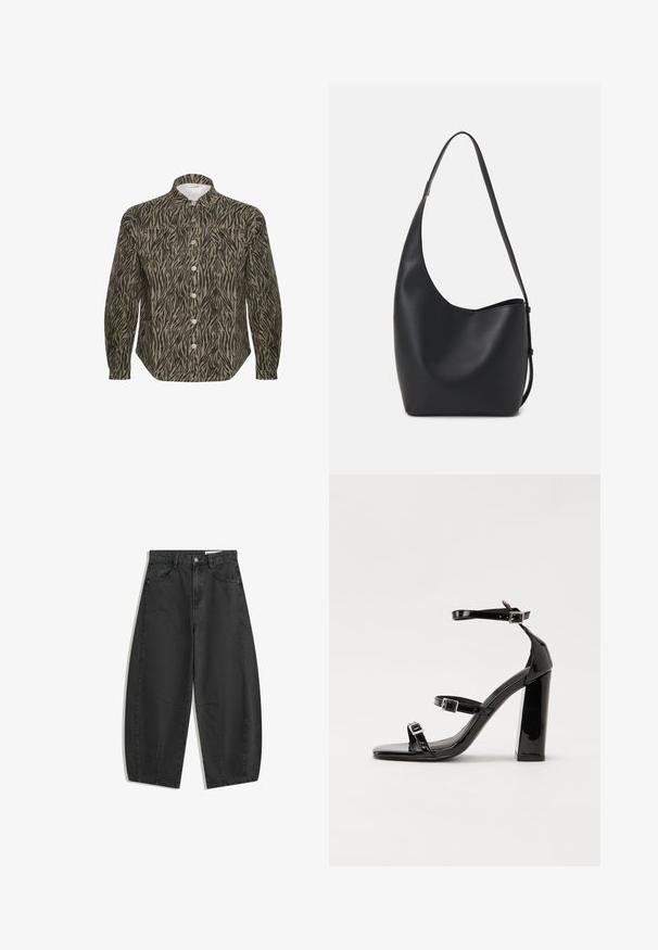 Overhemd met een beige en zwart zebrapatroon, met een gestructureerde kraag, lange mouwen en opvallende voorknopen.; Zwarte wijde jeans met hoge taille, voorzakken, riemlussen en knoopsluiting, plat weergegeven op een witte achtergrond.; Zwarte gepatenteerde sandalen met hak en een vierkante neus, enkelbandjes en zilveren gespen. Heeft een stevige blokhak voor stabiliteit.; Zwarte leren hobo tas met een gladde textuur, kromme vorm en een enkele verstelbare schouderband; heeft een brede opening aan de bovenkant.