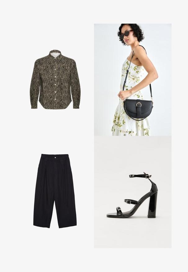 Camicia button-up con un motivo zebrastripes beige e nero, con colletto rigido, maniche lunghe e bottoni frontali ben visibili.; Pantaloni culotte neri in poliestere con una cintura elastica, due pieghe frontali e una silhouette ampia. Nessun motivo visibile o dettagli in metallo.; Sandali con tacco in vernice nera, con punta squadrata, cinturini alla caviglia e fibbie in argento. Presentano un tacco a blocco spesso per maggiore stabilità.; Borsa a tracolla nera in pelle con una forma curva, manico rimovibile e accessori dorati. La borsa presenta una patta con un dettaglio a fibbia.