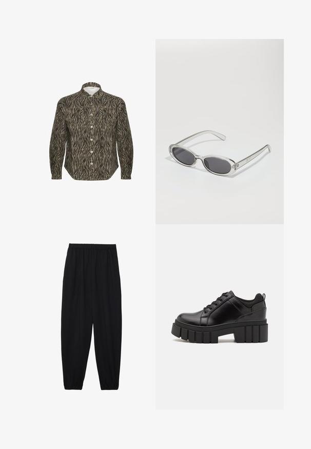 Košulja s dugim rukavima u bež i crnoj boji s uzorkom zebre, s krutim okovratnikom, dugim rukavima i istaknutim prednjim dugmadi.; Crne, lagane hlače s elastičnom stražnjom pasicom i naboranim gležnjevima. Tkanina je glatka i ima opušteni, suženi dizajn.; Crne kožne platforme s debelim blok-peta, okruglim prstima i klasičnim dizajnom vezanja. Imaju gladak tekstur i minimalne detalje.; Naočale u ovalnom obliku, okvir od prozirne plastike, tamno sivi leće i tanke prozirne ručke s logotipom i minimalnim detaljima.; Crna kožna torba s lukovitim oblikom, odvojivim remenom i zlatnim detaljima. Torba ima preklop s kopčom.