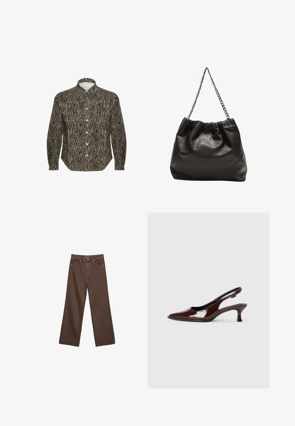 Hemd mit Knopfverschluss in einem beige-schwarzen Zebra-Streifenmuster, mit strukturiertem Kragen, langen Ärmeln und auffälligen Vorderknöpfen.; Weite braune Jeans aus Denim, mit hoher Taille, Fronttaschen und klassischem Knopfverschluss. Glatte Textur mit feinen Nähten.; Braune Lackleder-Slingback-Schuhe mit spitzer Zehe und moderatem Absatz. Mit einem Schnallenriemen für einen sicheren Sitz. Glatte Textur.; Braune Lederhandtasche mit gerafftem Oberteil und Kettenriemen. Glatte Textur mit glänzendem Finish und subtilen Nahtdetails an den Seiten.