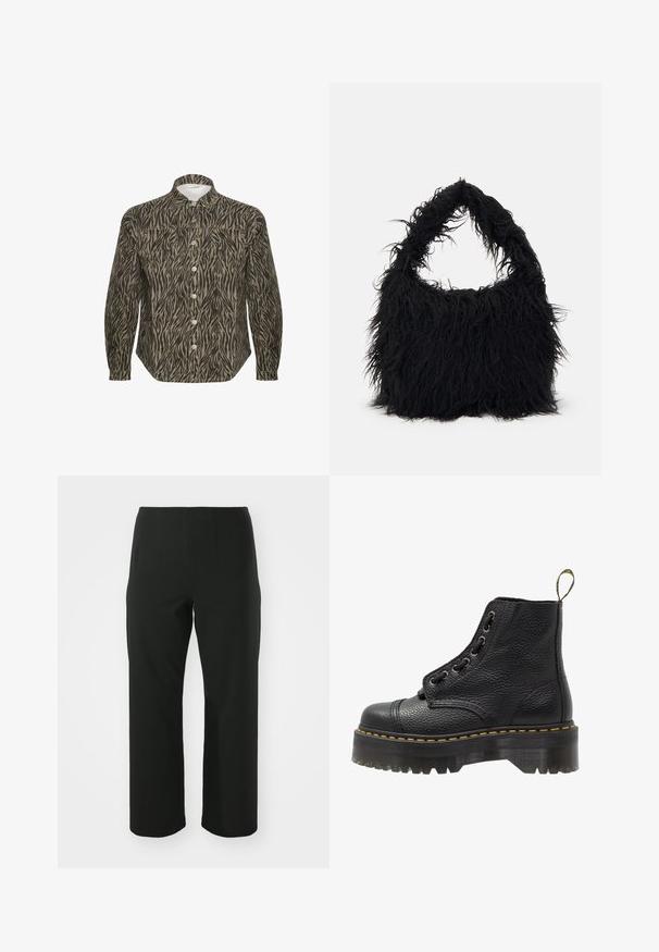 Hemd mit Knopfverschluss in einem beige-schwarzen Zebra-Streifenmuster, mit strukturiertem Kragen, langen Ärmeln und auffälligen Vorderknöpfen.; Vero Moda Curve VMCAUGUSTA PANT - Stoffhose - black; Schwarze Leder-Ankle-Boots mit strukturierten Oberflächen, runder Zehenpartie, Schnürdesign, gelben Nähten und einer dicken, gerippten schwarzen Plateausohle.; Even&Odd Shopping Bag - black; Silberne Creolen, runde Form, glatte Metalloberfläche, keine sichtbaren Verzierungen, leichtes Design, gleichmäßige Dicke.