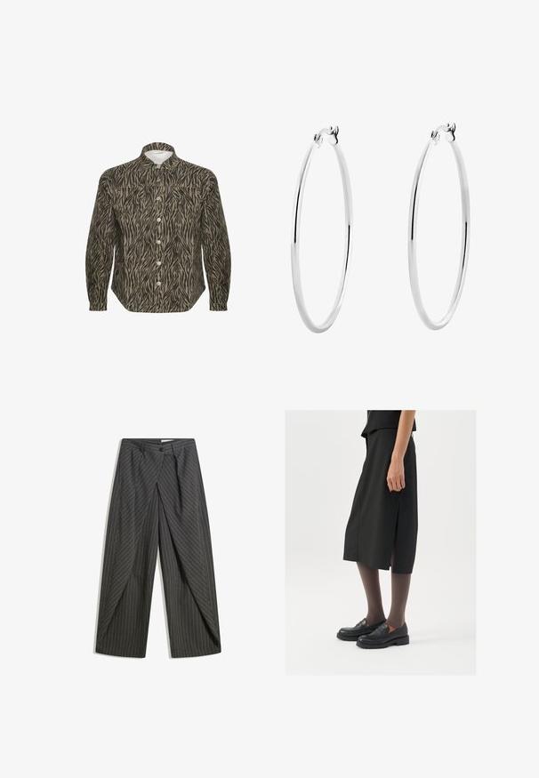 Hemd mit Knopfverschluss in einem beige-schwarzen Zebra-Streifenmuster, mit strukturiertem Kragen, langen Ärmeln und auffälligen Vorderknöpfen.; Graue Nadelstreifenhose mit lockerer Passform, einreihigem Knopfverschluss, Falten und weitem Bein. ; Schwarzer knielanger Rock mit seitlichem Schlitz, kombiniert mit schwarzen Loafers und transparenten braunen Strumpfhosen, aus glattem Stoff und mit einem schlichten Design.; Silberne Creolen mit einer glatten, polierten Oberfläche und einer dünnen, runden Form. Das Design verfügt über einen sicheren Verschluss.