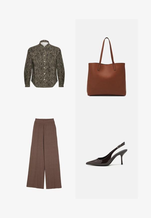 Srajca z gumbi v bež in črnem zebrovem vzorcu, z oblikovanim ovratnikom, dolgimi rokavi in izrazitimi sprednjimi gumbi.; Široke hlače iz teksturirane, rebraste tkanine v topli rjavi barvi. Imajo brezšivni pas in tekoč silhueto.; Slingback visoke pete v sijajni temno rjavi lak koži, koničastim nosom, odprtimi stranmi in nastavljivim gležnjenčkim trakom.; Rjava usnjena torba z gladko teksturo, odprto zasnovo zgoraj in dvema naramnima trakovoma. Opremljena je z minimalnim šivanjem in brez vidnih kovinskih delov.