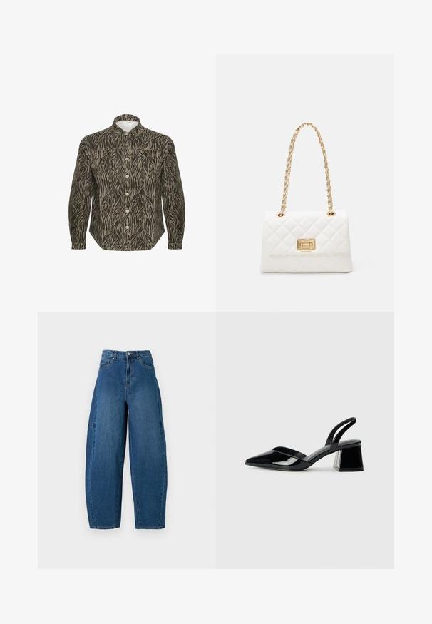 Pogodītas krekls džinsu krāsā ar bēšainu un melnu zebras svītru rakstu, ar struktūrētu apkakli, garām piedurknēm un izteiktām priekšējām pogām.; Denim bikses vidējā zilā krāsā ar augstu jostasvietu, platām kājām un standarta piecu kabatu dizainu ar redzamām šuvju detaļām.; Melna lakota āda ar atvērto papēdi, ar smailu purngalu un ģeometrisku blokpapēdi. Iezīmējas elegants, minimāls dizains un gluda tekstūra.; Balta pārklāta rokassoma ar zelta ķēdes siksnu un taisnstūrveida aizdari. Tam ir gluda tekstūra un ģeometriska šuvju raksts.