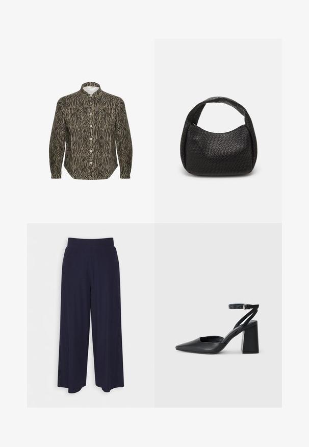 Camisa abotonada con un patrón de rayas de cebra en beige y negro, con un cuello estructurado, mangas largas y botones frontales prominentes.; Pantalones de pierna ancha en tejido de un oscuro color navy con una textura acanalada. Presenta una cinturilla suave y una silueta fluida, llegando a la altura de las pantorrillas.; Zapato de tacón puntiagudo de cuero negro con tira en el tobillo y tacón ancho. Textura plana, diseño elegante y estética minimalista.; Pieces PCSANNA BRAIDED SHOULDER BAG - Bolso de mano - black