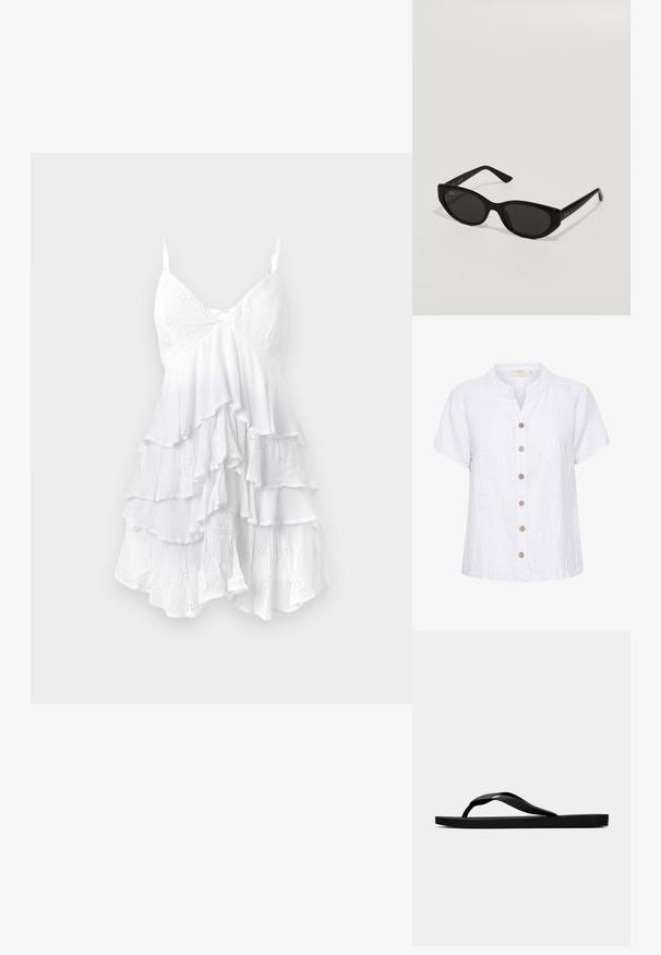 Biała lniana koszula z krótkim, zaokrąglonym kołnierzykiem, z przodem na guziki wykonanymi z drewna i pionowymi szwami.; Biała sukienka bez rękawów z falbanami, wykonana z lekkiego materiału z wzorami dziurkowanymi i delikatną teksturą. Projekt w kształcie litery V.; Czarne gumowe klapki z teksturowanym paskiem i prostą płaską podeszwą, przedstawione z boku na jasnym jednolitym tle.; Czarne okulary przeciwsłoneczne o wąskim, kocim kształcie. Wykonane z gładkiego plastiku, z ciemnymi soczewkami i subtelnymi akcentami logo na zausznikach.; Brązowa skórzana torba z monogramem, z złotym łańcuszkiem, zamykana na zamek, o płaskim, prostokątnym kształcie. Posiada wytłoczone logo z przodu.