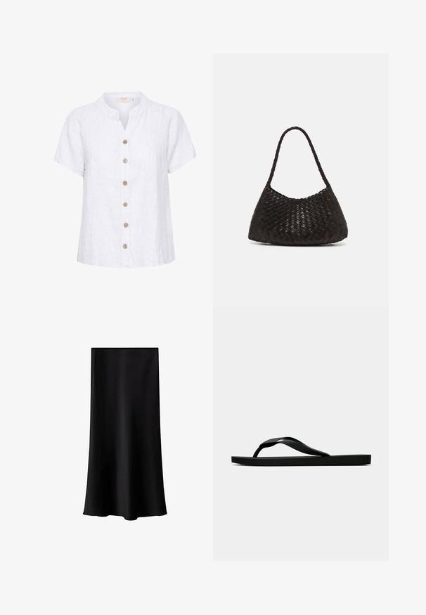 Bielizeň z bieleho ľanu s krátkym, zaobleným golierom, má predný zapínací systém na gombíky z dreva a vertikálne švy.; Čierna midi sukňa vyrobená z hladkého, ľahkého materiálu. Má rovný strih, žiadne viditeľné kovanie a jednoduchý dizajn bez vzorov.; Čierne gumené žabky s textúrovaným popruhom a jednoduchou plochou podrážkou, zobrazené z boku na jednofarebnom svetlom pozadí.; DRAGON DIFFUSION ROSANNA - Kabelka - dark brown