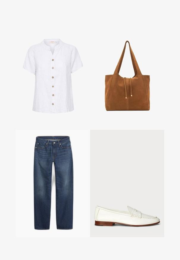 Bielizeň z bieleho ľanu s krátkym, zaobleným golierom, má predný zapínací systém na gombíky z dreva a vertikálne švy.; Tmavomodré rifle z denimu s dizajnom priamych nohavíc. Sú vybavené zapínaním na gombík, piatimi vreckami a jemným vyblednutím látky.; Bílé kožené mokasíny s texturovaným povrchem, zaoblenou špičkou a tkaným detailem. Nízký dřevěný podpatek a minimalistický design.; Hnedá semišová taška cez rameno s dvoma dlhými popruhmi, sťahovacou šnúrkou a minimalistickým dizajnom. Hladký povrch a žiadne viditeľné kovové doplnky.