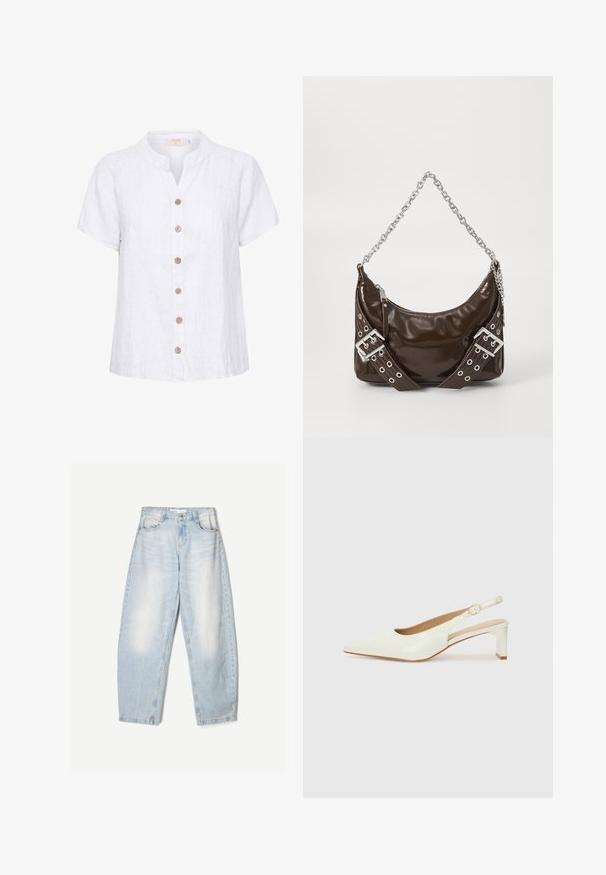 Weißes Leinenhemd mit einem kurzen, runden Kragen, ausgestattet mit einer Knopfleiste aus Holzknöpfen und vertikalen Stitching-Details.; Hellblaue Jeans aus Denim mit lockerer Passform, im ausgewaschenen Finish, zwei Fronttaschen und einem Knopfverschluss am Bund.; Weiße Lackleder-Slingback-Schuhe mit spitzem Zehenbereich und niedrigem Blockabsatz. Mit einem dezenten Riemen und einer Schnalle in goldfarbener Optik.; Dunkelbraune Lackleder-Handtasche mit silberner Kettenriemen, dekorativen doppelten Schnallen und Reißverschluss.