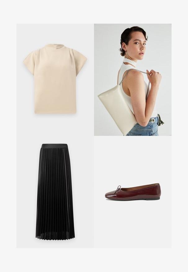 Top bege de mangas curtas com gola alta e corte descontraído. Textura suave com caimento sutil nos ombros. Design simples e minimalista.; Saia preta plissada com uma cinta suave, feita de tecido leve. Apresenta pregas verticais nítidas e um design até ao meio da panturrilha.; Bailarinas em couro sintético borgonha com bico redondo, pequeno laço na frente e sola baixa em borracha preta. Textura suave.; Bolsa de mão retangular branca, feita de material brilhante, com uma alça em corrente prateada. Modelo posa, exibindo a bolsa contra um fundo simples.