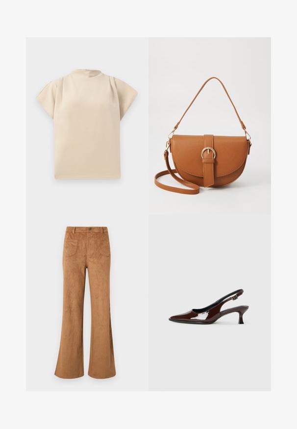 Bežinė trumpa rankovė viršutinė dalis su aukštu kaklu ir laisvu siluetu. Lygus paviršius su švelniu drapavimu ant pečių. Paprastas, minimalistiškas dizainas.; Rudi zomšos flared kelnės, turinčios aukštą liemenį, priekinius ir galinius kišenes bei lygų paviršių. Sukurtos, kad būtų laisvos visame kojoje.; Rudos lakuoti odiniai slingback batai su smailiu pirštu ir vidutinio aukščio kulnu. Yra sagties dirželis, užtikrinantis tvirtą prigludimą. Lygus paviršius.; Ruda odinė kryžminė rankinė, turinti kreivą formą, auksinius metalinius elementus ir sagtį. Yra nuimama petneša.