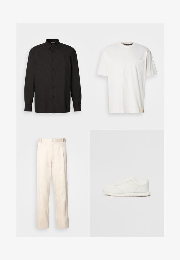 Mustsa pika varrukaga särk, mis on valmistatud tekstureeritud kangast. Ees on nööpidega kinnitamine, terav krae ja tavalised mansetid. Kaks rinnataskut.; Valge puuvillane t-särk ümmarguse kaelusega, lühikeste varrukatega ja vasakul rinnataskuga. Ääristab väike logo silt külgõmblusel.; Beesidised puuvillased püksid sirge jala lõikega, mis on varustatud nööpkinnituse ja ees olevate voltidega, et lisada detaili.; Valged tennisesid, millel on võrgust ja sünteetilisest materjalist ülemine osa, ümar varvas, lamedad paelad ja tekstureeritud külgmine triip. Kummist tallaosa, tagaküljel tõmbetab.