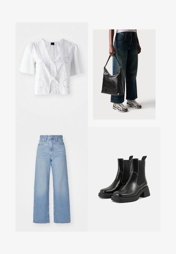 Blusa branca em linho com mangas curtas, apresentando bordado a ponto de olho e um fecho frontal em laço, detalhes com bainha e decote em formato de ondas.; Jeans de cintura alta e perna larga em azul claro, com fecho frontal de botão e zíper, bolsos frontais e traseiros, sobre um fundo branco.; Botas Chelsea em couro preto com um salto grosso, painéis laterais elásticos e costura branca em contraste. Acabamento texturizado.; Bolsa de ombro em couro preto com textura suave e alça ajustável, combinada com jeans de perna larga desbotados e ténis desportivos.