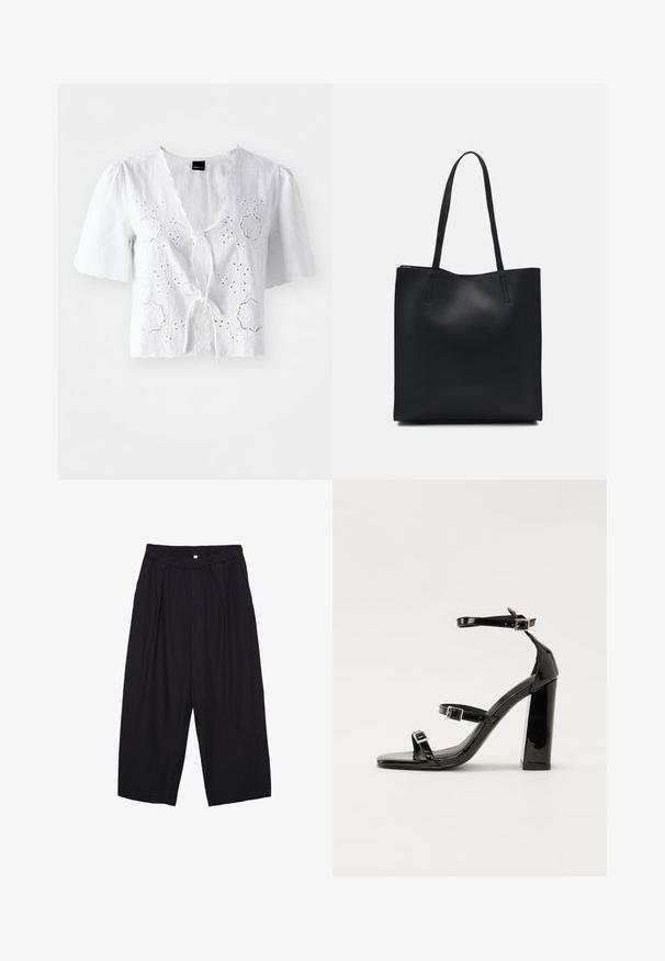 Weiße Bluse aus Leinen mit kurzen Ärmeln, ausgestattet mit Spitzenstickerei und einer Vorderseite mit Knotenverschluss, sowie gewellten Hals- und Saumdetails.; Schwarze Polyester-Culotte mit einem elastischen Bund, zwei vorderen Falten und einer lockeren Silhouette. Keine sichtbaren Muster oder Hardware-Details.; Schwarze patentierte Sandalen mit Absatz, quadratischer Spitze, Knöchelriemen und silbernen Schnallen. Mit einem stabilen Blockabsatz für mehr Stabilität.; Schwarze Laptoptasche aus Leder mit glatter Textur, rechteckiger Form und zwei langen Griffen. Keine sichtbaren Beschläge oder Verzierungen.