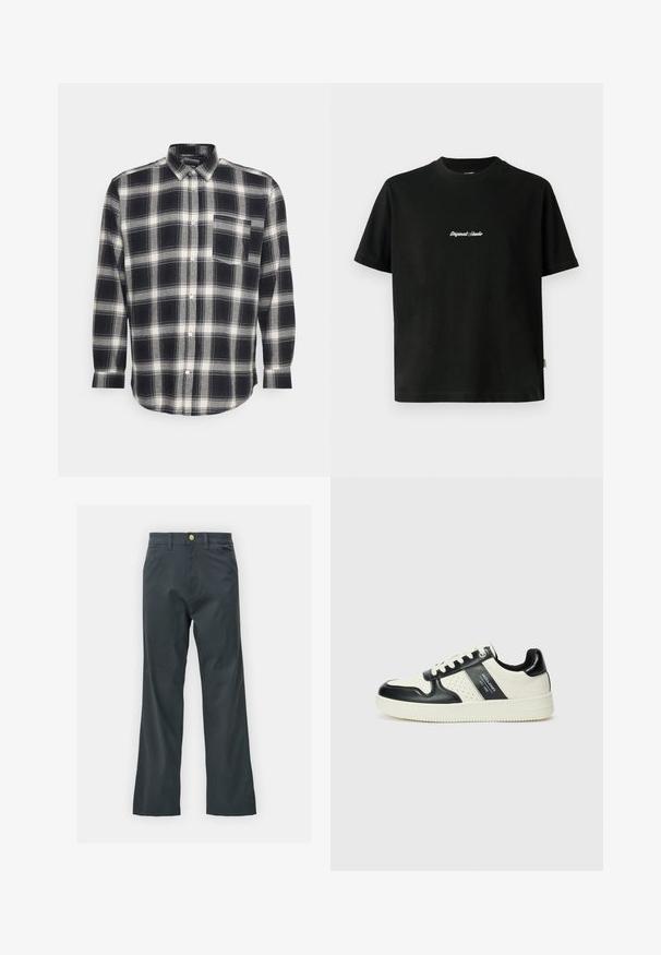 Only & Sons ONSLUCA LIFE TWILL CHECK - Camisa - dark navy; T-shirt de algodão preto com mangas curtas, apresentando um texto bordado em branco "Original Studio" no peito e um decote redondo.; Calças pretas com corte reto, feitas de um tecido em mistura de algodão. Apresenta um fecho com botão metálico e bolsos laterais. Sem padrões visíveis.; Ténis de couro com um esquema de cores em preto e creme, apresentando detalhes perfurados, um colarinho acolchoado e uma sola texturizada.