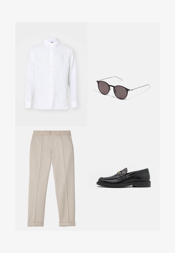 Fehér, hosszú ujjú ing vászonból. Teljes gombos elülső rész, gallér és mandzsetta jellemzi. Simaságával és könnyed, légies megjelenésével tűnik ki.; Filippa K TERRY CROPPED TROUSERS - Nadrágok - sage melange; Fekete bőr loaferek, lekerekített orral, aranyszínű fémrész és varrási részletek díszítik, alacsony, strukturált gumitalpon.; Fekete kerek napszemüveg sötét lencsékkel és karcsú fém szárakkal. Átlátszó szárvégeket és ezüst részleteket tartalmaz az ívnél. Minimalista dizájn.