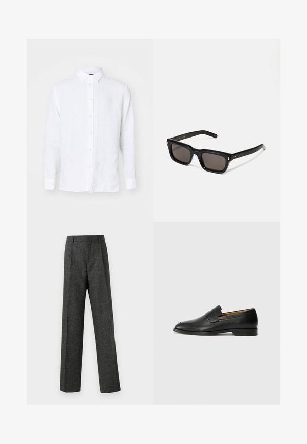 Biała koszula z długim rękawem wykonana z lnu. Posiada pełne zapięcie na guziki, kołnierzyk oraz mankiety. Gładka tekstura o lekkim, przewiewnym wyglądzie.; Szare spodnie o dopasowanym kroju wykonane z teksturowanej tkaniny, z dwoma fałdami z przodu i prostymi nogawkami. Brak widocznych kieszeni i zdobień.; Czarne skórzane mokasyny z zaokrąglonym noskiem, subtelnymi przeszyciami i niskim obcasem, charakteryzujące się gładką teksturą i minimalistycznym designem.; Czarne prostokątne okulary przeciwsłoneczne z ciemnymi soczewkami, grubą plastikową oprawą, złotymi akcentami na zausznikach oraz wygrawerowanym logo marki na ramieniu.
