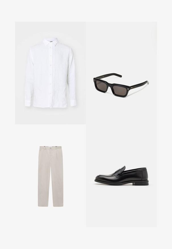 Weißes Langarmhemd aus Leinen. Es hat eine durchgehende Knopfleiste, einen Kragen und Manschetten. Glatte Textur mit einem leichten, luftigen Aussehen.; Helle beigefarbene Hose aus weichem Stoff, mit geradem Schnitt, zwei seitlichen Taschen und einem Frontknopfverschluss. Leicht und mit glatter Textur.; Schwarze Lederloafers mit glatter Textur, rundem Zehenbereich und einem dekorativen Riemen über dem Vorderfuß. Niedriger, gestapelter Absatz, minimalistisches Design.; Schwarze rechteckige Sonnenbrille mit dunklen Gläsern, dickem Kunststoffrahmen, goldenen Akzenten an den Bügeln und eingraviertem Markenlogo am Arm.