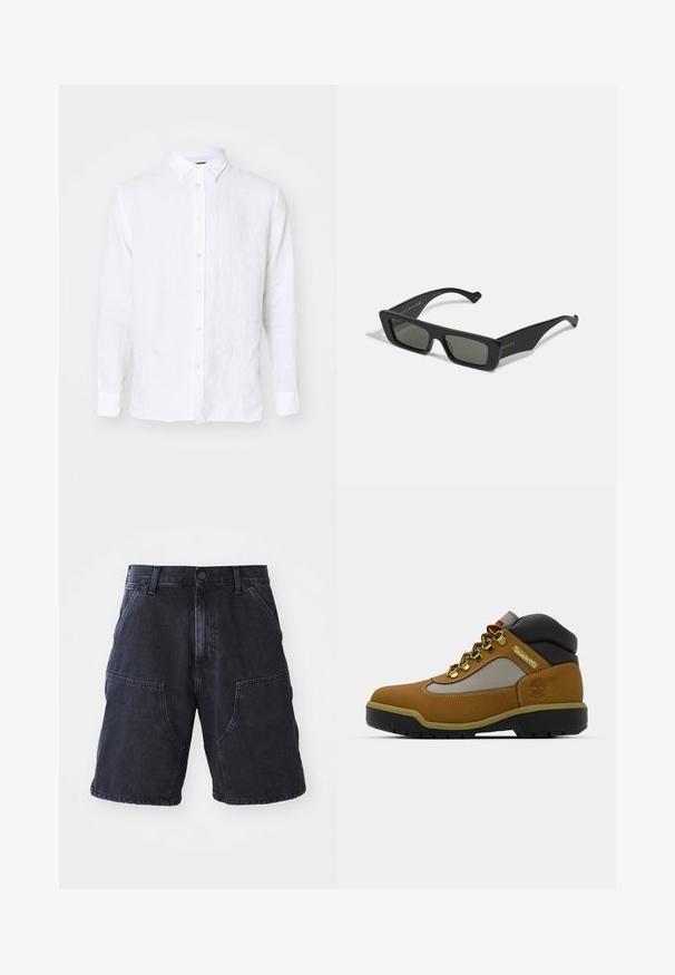 Witte blouse met lange mouwen van linnen. Heeft een volledige knoopsluiting aan de voorkant, een kraag en manchetten. Glad textuur met een lichte, luchtige uitstraling.; Donkerdenim shorts met een rechte snit, grote voorzakken en een knoopsluiting; gladde textuur en minimale stikdetails.; Bruine wandelschoen met grijze en zwarte accenten, bovenwerk van gestructureerd leer, metalen oogjes en een robuuste rubberen zool voor grip.; Zwarte rechthoekige zonnebril met donkere lenzen, gemaakt van glad plastic. Voorzien van gouden letters aan de zijkant, slanke pootjes en een modern ontwerp.