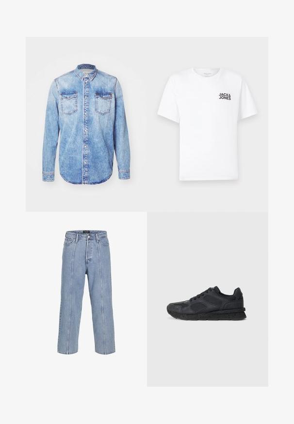 Jasnoniebieska koszula z denimu z długimi rękawami, kołnierzykiem zapinanym na guziki, dwiema kieszeniami na piersiach i kontrastowym ściegiem. Okrągły dół i klasyczny krój.; Biała bawełniana koszulka, krótki rękaw, okrągły dekolt. Posiada czarny tekst logo "JACK & JONES" po lewej stronie klatki piersiowej. Prosty, gładki design.; Jasnoniebieskie dżinsy o luźnym kroju, szerokich nogawkach i widocznych detalach szwów. Posiadają zapięcie na guzik i zamek błyskawiczny oraz pięć kieszeni.; Replay ARTHUR ATOM czarny