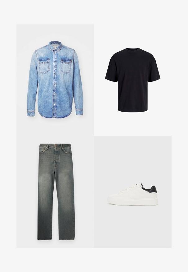 Heled sinine teksajakk pikkade varrukatega, nööpidega krae, kaks rinnataskut ja kontrastõmblemine. Ümar alläär ja klassikaline lõige.; Must must on mustre, lühikeste varrukatega ja vabalt langev. Sile tekstuur ja ilma nähtavate mustrite või aktsentideta.; Jack & Jones JJIALEX JJCOOPER - Baggy fit teksad - black denim; Valge nahast sneaker, millel on reljeefne muster, tekstureeritud valge vaheline tall ja must kannaaktsent. Omab ümarat nina ja lamedat paelavarrast.