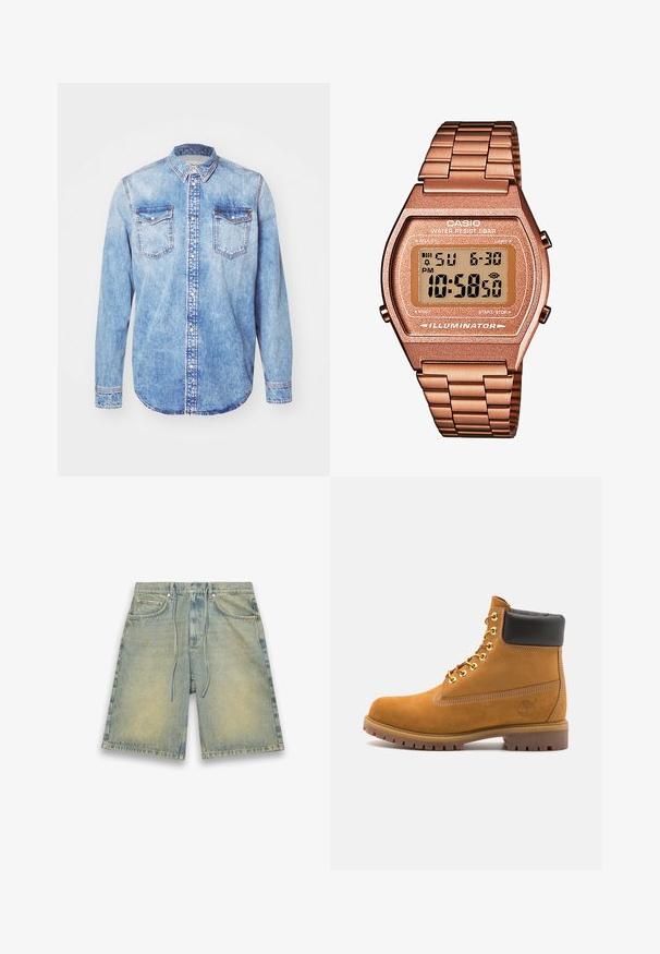 Lichtblauw denim shirt met lange mouwen, button-down kraag, twee borstzakken en contrasterende stiksels. Afgeronde zoom en klassieke pasvorm.; Lichtblauwe denim shorts met een elastische tailleband en trekkoord, voorzakken en een vervaagde textuur. Bevat subtiele verkleuring en een rechte snit.; Tan suède enkelboot met zwart gevoerd kraagje, gouden metalen oogjes, witte stikdetails en een robuuste rubberen zool met uitgesproken profiel.; Digitale Casio horloge met een roségouden metalen band, rechthoekige kast, verlicht display en waterdicht, toont tijd en datum.