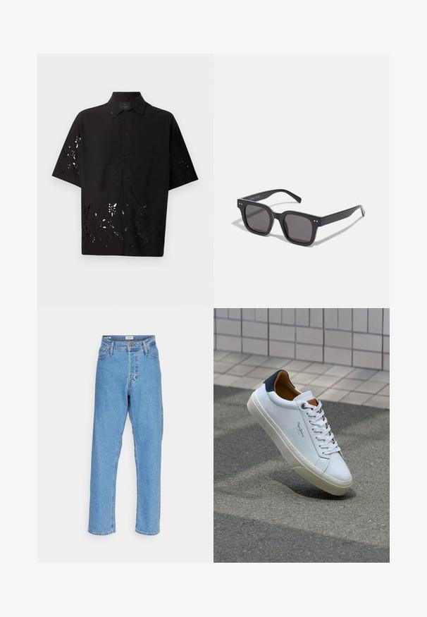 Melnā īsām piedurknēm krekls ar apkakles izgriezumu un izgrieztiem ziedu rakstiem ap apakšmalu, ar pogām priekšā un gludu tekstūru.; Gaiši zils augstā jostasvietā taisna kāja džinsi ar priekšējo pogu, rāvējslēdzēja aizdari, jostu cilpām un piecu kabatu dizainu uz balta fona.; Baltas ādas čības ar tumši zilu papēdi, apaļu purngalu un kontrastējošām brūnām detaļām. Aprīkotas ar plakanu auklu un struktūrētu gumijas zoli.; Melnas taisnstūra saulesbrilles ar tumšiem stikliem, kuras iezīmē bieza rāmja konstrukcija, diskrēti akcenti sānos, un nav redzamu logo ārpus zīmola nosaukuma.; Sudraba nerūsējošā tērauda kvarca pulkstenis ar melnu taisnstūra seju, kas aprīkota ar analogajām rādītājiem, digitālo displeju un ūdensizturības norādi.
