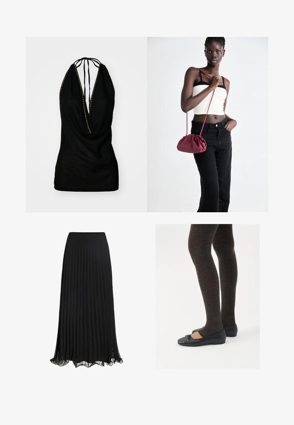 Svart halterneck-top med djup V-ringning, prydd med guldaccenter längs halsringningen. Tillverkad av lättviktsmaterial med draperad design.; Svart plisserad maxikjol i lätt material med en svävande design. Har rynkiga nederkant och elastisk midja för komfort.; Svarta platta skor med en liten rosett vid tån, i kombination med mörkbruna ribbade strumpbyxor. Skorna har en slät yta och låg profil.; Burgundy mjukt tyg handväska med en samlad design och en lång rem, bärs över kroppen. Modellen bär en vit crop top och svarta jeans.