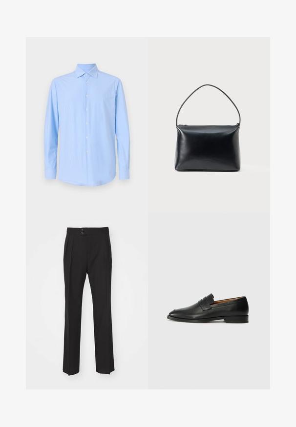 Jasnoniebieska koszula z długim rękawem, z pionowymi paskami, z kołnierzykiem w szpic i białymi guzikami, wykonana z gładkiego, tkanej tkaniny.; Czarne spodnie z dopasowanym krojem, charakteryzujące się prostymi nogawkami, dwoma kieszeniami z przodu oraz podwójnym zapięciem na guziki w talii. Gładka faktura materiału.; Czarne skórzane mokasyny z zaokrąglonym noskiem, subtelnymi przeszyciami i niskim obcasem, charakteryzujące się gładką teksturą i minimalistycznym designem.; Czarna, gładka skórzana torebka na ramię z pojedynczym, zakrzywionym uchwytem i zamkiem błyskawicznym na górze, przedstawiona na tle jednolitego białego tła.