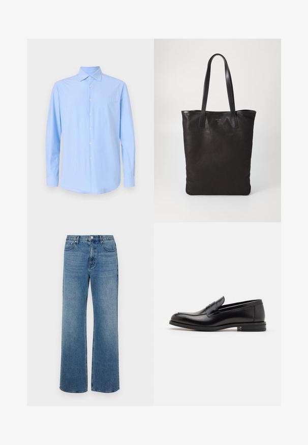 Lyseblå skjorte med knaplukning, lodrette striber, lange ærmer, spids krave og hvide knapper, lavet af glat, vævet stof.; Bredde ben blå jeans lavet af denim med en falmet finish. Har fem lommer, en frontknaplukning og en lige pasform.; Sorte læderloafers med en glat overflade, rund tå og en dekorativ strop over vampen. Lav hæl med stabeldesign, minimalistisk stil.; Sort lærred tote taske med sorte læderhåndtag. Simpelt design, rummelig krop og en glat overflade. Ingen synlige logoer eller mønstre.