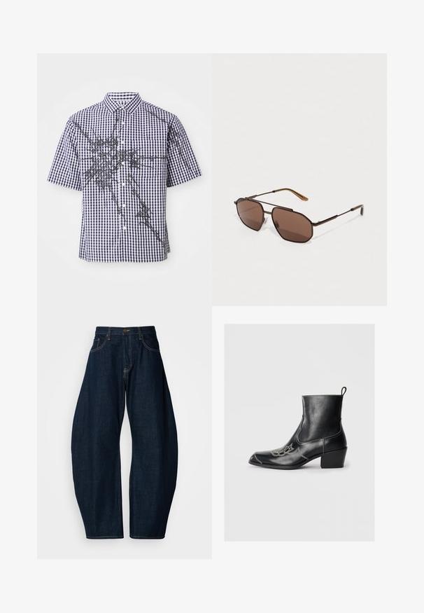 Short-sleeve button-up shirt with navy and white gingham pattern and irregular black abstract graphic lines across front and sleeves.; Dark blue denim jeans with a wide-leg design, featuring prominent stitching, five pockets, and a brass button closure at the waistband.; Black leather ankle boots with a square toe, decorative stitching, and a low block heel. Features a pull tab for easy wear.; Brown octagonal sunglasses with a thin black metal frame, accented by brown temples. Dark tinted lenses provide UV protection.; Brown crocodile-embossed leather handbag with top handles and a detachable shoulder strap. Features a buckle closure and rectangular shape.