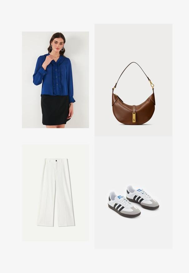 Blauwe blouse van lichtgewicht stof met een gerimpelde voorkant, knoopsluitingen en lange mouwen met gerimpelde manchetten, gecombineerd met een zwarte rok.; Witte wijde pantalon van soepel materiaal, met een sluiting aan de voorkant met een knoop en geplooide details. Plat voorkant ontwerp, zonder zichtbare zakken.; Sportschoenen met een witte leren bovenkant, grijze suède neus en drie zwarte strepen. Bevat een blauw logo op de tong en een gestructureerde rubberen zool.; Bruine leren schoudertas met een gebogen vorm, gouden hardware, bovenklepdetail en een logoaccent. Gladde textuur met gestikte randen.