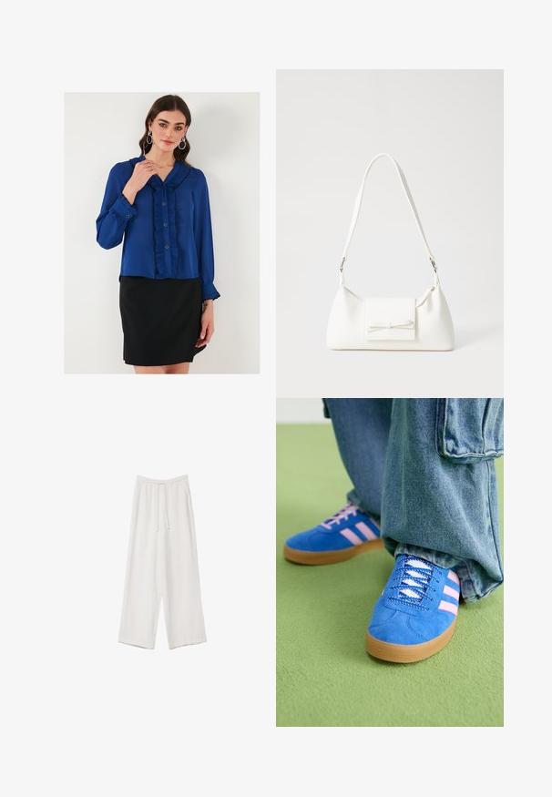 Blouse bleue en tissu léger avec un devant à volants, des boutons de fermeture et des manches longues avec des poignets à volants, associée à une jupe noire.; Pantalons larges blancs en tissu léger. Dotés d'une taille élastique avec cordon de serrage et de poches latérales. Texture lisse.; Des chaussures en daim bleu avec des rayures roses et des lacets blancs, dotées d'une semelle en caoutchouc gomme, assorties à un pantalon en denim ample sur une surface verte.; Sac à main synthétique blanc en forme triangulaire, avec un rabat avant plat et un détail en nœud, une bandoulière ajustable, une texture lisse et un design minimaliste.