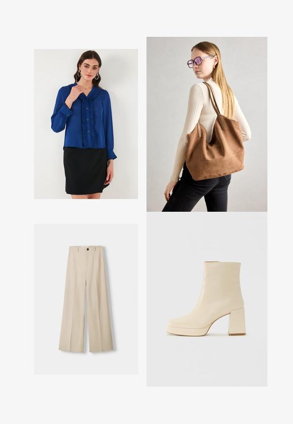 Blaue Bluse aus leichtem Material mit einem Rüscheneinsatz an der Vorderseite, Knopfverschlüssen und langen Ärmeln mit Rüschensaum, kombiniert mit einem schwarzen Rock.; Beigeweite Hose mit glatter Textur, ausgestattet mit einem vorderen Knopfverschluss und zwei seitlichen Taschen. Maßgeschneiderter Schnitt und gefaltete Vorderseite.; Beige Leder-Stiefelette mit Blockabsatz und Plateau-Sohle, glatte Oberfläche und leicht quadratische Zehenpartie, nach links auf weißem Hintergrund.; Braune Wildleder-Tasche mit weicher Textur, großer Öffnung und langen Trägern. Sie verfügt über ein simples Design mit sichtbarem Stich und ohne Beschläge.