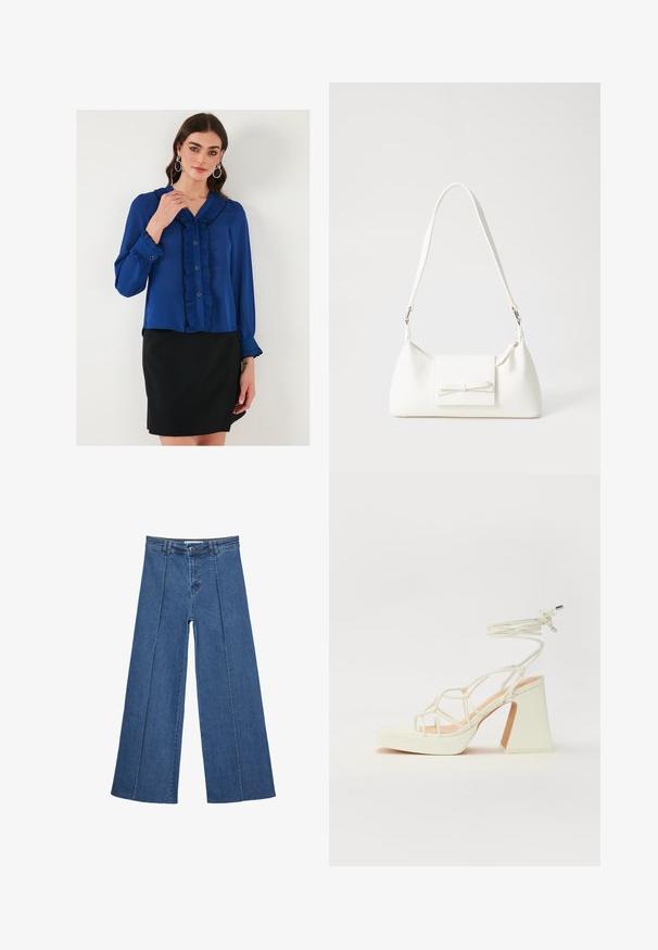Niebieska bluzka z lekkiego materiału z falbanami z przodu, z zapięciem na guziki oraz długimi rękawami z falbanami na mankietach, w komplecie z czarną spódnicą.; Jeans typu wide-leg w średnim niebieskim kolorze, z wysokim stanem, zapięciem na guziki oraz kontrastowymi szwami pionowymi z przodu.; Biała sandał na wysokim obcasie z masywnym słupkiem, z paskowym wzorem i wiązaniem przy kostce. Gładka faktura z platformą z przodu dla dodatkowej wysokości.; Biała syntetyczna torba o trójkątnym kształcie, płaskim przednim klapce i detalach w postaci kokardy, regulowanym pasku, gładkiej fakturze oraz minimalistycznym designie.