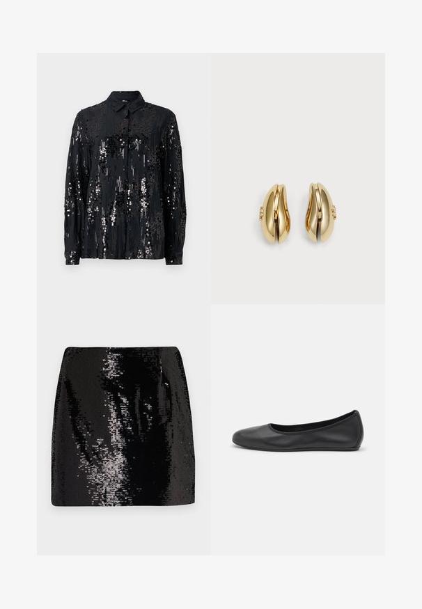 Black button-up shirt made of fabric adorned with sequins, featuring a collar and long sleeves, with a shimmering, textured pattern.; Black sequin mini skirt with a fitted design, high waist, and glossy texture, featuring reflective surface details and a sleek silhouette.; Black leather ballet flat with a rounded toe, smooth texture, minimal stitching detail, and a flexible sole design.; Gold-tone earrings with a flowing, curved design. Each earring features a smooth surface and a small clasp with a decorative detail.