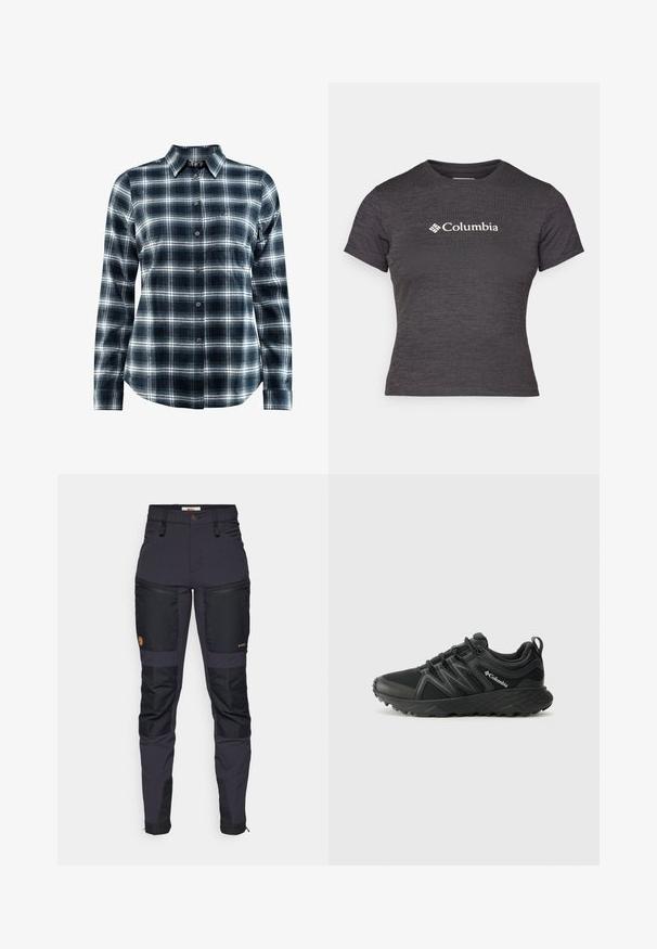 Mėlynai ir baltai languotas flanelinis marškinis, turintis mygtukų sagstymą priekyje, ilgas rankoves ir apykaklę su apvaliu kraštu.; Tamsiai pilkas trumpas rankovės marškinėlis, pagamintas iš tekstūruoto audinio, su apvaliu kaklu, puošta balta Columbia logotipu krūtinėje.; Tamsiai pilki kelniai su juodais sustiprintais lopais. Ypatybės: kišenės su užtrauktukais, pritaikyta forma ir patvari audinio tekstūra.; Columbia PEAKFREAK - Turistiniai batai - black