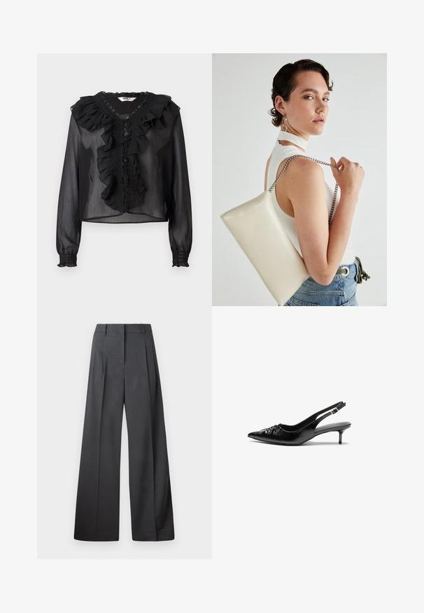 Svart genomskinlig blus med långa ärmar, volangkrage och framknäppning. Har smockdetaljer och elastiska ärmslut. Lättviktsmaterial.; Vida byxor i mörkgrått tyg, med hög midja, enkla veck och en mjuk yta med en ren finish vid fållen.; Svarta läder slingback klackar med spetsig tå, liten kittenklack och en dekorativ knutdetalj på framsidan. Slät textur hela vägen.; Vitt rektangulärt clutch-väsk i glänsande material, med en kedjesnor i silver. Modellen poserar och visar upp väskan mot en neutral bakgrund.