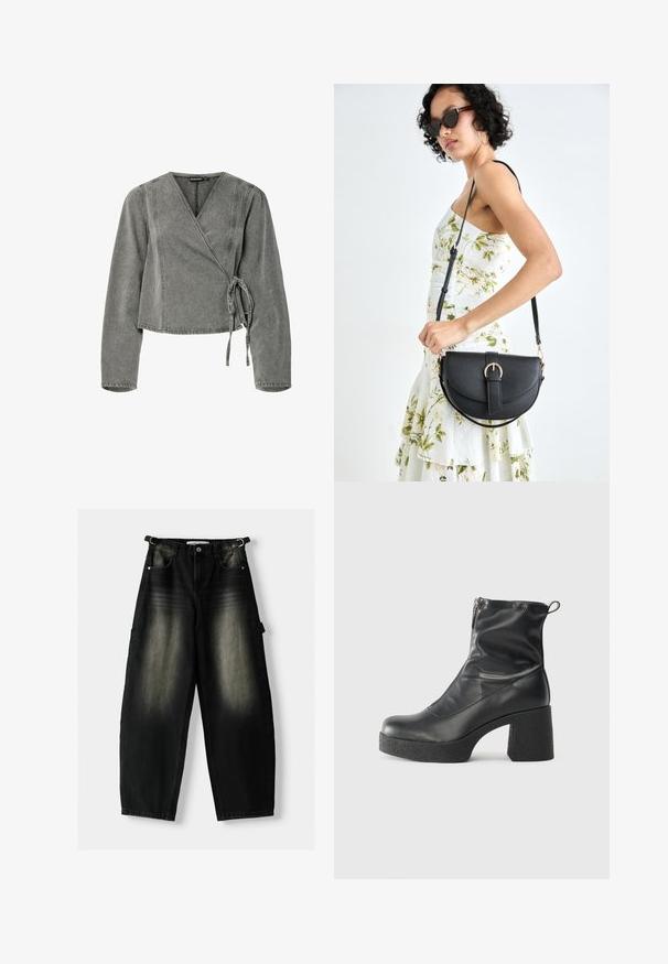 Inslagen jacka i grå denim, med långa ärmar, knytning, v-hals och kontrasterande sömmar längs kanterna.; Stora svarta denimbyxor med en blekt textur, fem fickor och en ögla på midjan. Designen har en lös passform och raka ben.; Svarta ankelstövlar i slitstark läder, med sidodragkedja, kraftig strukturerad klack och rundad tådesign.; Svart läderhandväska med en böjd form, avtagbar rem och guldiga detaljer. Väskan har ett lock med en spänndetalj.