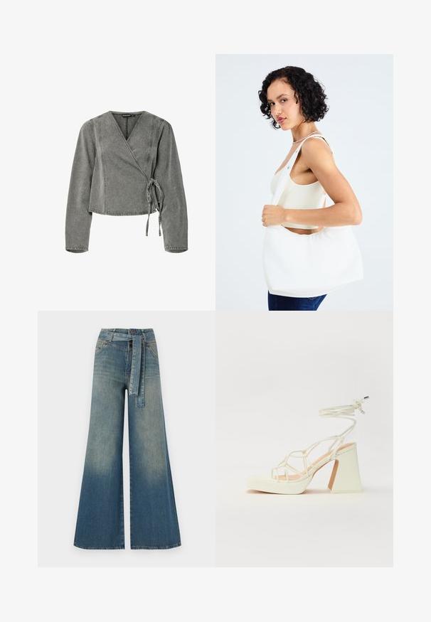 Inngangsjakke i grå denim, med lange ermer, knytelukking, v-hals og kontraststing langs sømmene.; Bredde ben jeans med en lyseblå til mørkeblå gradient, høyt liv, beltehemper og et matchende belte i samme stoff. Teksturert denimoverflate.; Hvit høyhælte sandal med kraftig hæl, med en stroppe-design og ankelbånd. Glatt tekstur med plattform foran for ekstra høyde.; Hvit skulderveske laget av glatt materiale, med oval utskjæring og bred stroppdesign. Enkel og moderne uten synlig maskinvare.