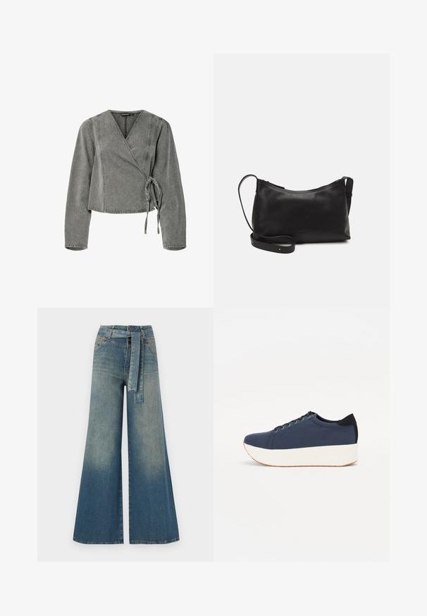 Pilnai užsidengianti pilkos džinsinės striukės stilius, turinti ilgus rankovius, surišamą užsegimą, V formos iškirpimą ir kontrastingą siuvinėjimą palei siūlės.; Platus džinsinis kelnes su šviesiai tamsiai mėlynu gradientu, aukštu juosmeniu, diržo kilpomis ir atitinkančiu audinio diržu. Textūruotas džinsinis paviršius.; Tamsiai mėlynas sportinis batelis su tekstūruotu audiniu viršuje, baltu platformos padu, apvaliu pirštu ir juodu kulno akcentu.š. Yra šešios skylės raišteliams.; Juodas odinis petinis krepšys su lygiu paviršiumi, išlenkta forma, reguliuojama dirželiu ir užtrauktuku. Minimalistinis dizainas be puošmenų.