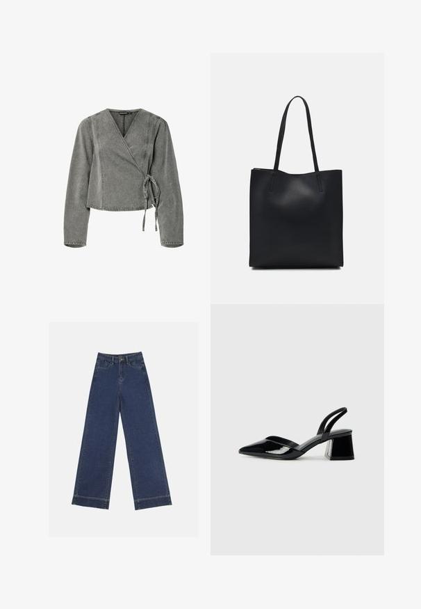 Pelēka denima jaka ar sietveida piegriezumu, kurai ir garas piedurknes, sasienama aizdare, V-veida kakls un kontrastējoša šuvi gar šuvju vietām.; Platās kājas džinsi tumši zilā denima krāsā. Iespējas: piecas kabatas, siksnu cilpas un neapstrādāta apakša ar redzamām šuvju detaļām.; Melna lakota āda ar atvērto papēdi, ar smailu purngalu un ģeometrisku blokpapēdi. Iezīmējas elegants, minimāls dizains un gluda tekstūra.; Melnas ādas somiņa ar gludu tekstūru, taisnstūra formu un divām garām rokturiem. Nav redzamu aparatūras vai rotājumu.