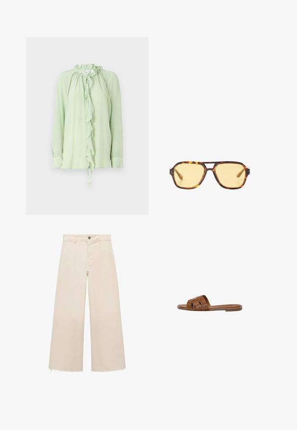 Jasnozielona bluzka z długimi rękawami, z falbaną przy dekolcie oraz kaskadowymi falbanami z przodu. Wykonana z gładkiego, zwiewnego materiału.; Spodnie o szerokich nogawkach w jasnym beżowym kolorze z bawełny, z zapięciem na guzik, subtelnym postrzępionym dołem oraz luźnym krojem.; Brązowe skórzane klapki z krzyżującymi się paskami, płaską podeszwą i gładką fakturą. Prosty design bez ozdób czy wzorów.; Okulary przeciwsłoneczne w kolorze wenge z geometrycznym wzorem, żółtymi soczewkami i metalowymi akcentami na zausznikach. Szeroka oprawa o matowej fakturze.