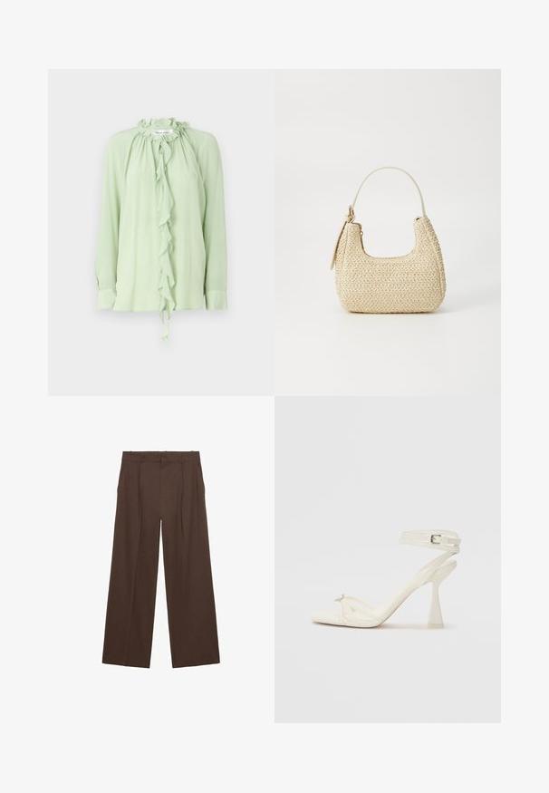 Blusa verde claro con mangas largas, cuello fruncido y volantes en la parte delantera. Fabricada con una tela suave y fluida.; Pantalones de pierna ancha marrones, confeccionados en una tela suave, con una cintura alta, pliegues frontales y dos bolsillos laterales.; Sandalía de tacón alto con tiras en cuero blanco, con un diseño elegante, un tacón bloque transparente y un elemento decorativo en la punta.; Bolso de paja tejido en beige con forma curva, una asa corta y un zipper lateral. Presenta una superficie texturizada y un diseño minimalista.