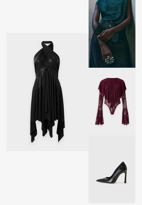 Body de renda bordeaux com mangas esmoltadas, apresentando padrões florais, decote profundo e textura transparente. Fecho de pressão na parte inferior.; Vestido preto com decote halter e design drapeado. Feito de material brilhante, apresenta um decote torcido e barra assimétrica. Textura suave.; Sapato de salto alto de bico fino preto com textura de pele de crocodilo, apresentando um design elegante, salto agulha alto e interior preto suave.; Clutch bag preta com padrão de crocodilo e acessórios em prata, sostenida contra um fundo cinza texturizado. Apresenta uma superfície brilhante.