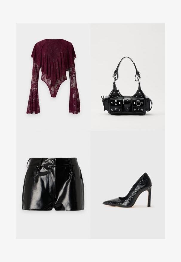 Body din dantelă burgundă cu mâneci evazate, cu modele florale, decolteu adânc și textură transparentă. Închidere cu capse la bază.; Pantaloni scurți negri, strălucitori, din material sintetic. Prezintă o talie ajustată, bucle pentru curea și buzunare frontale cu detalii de cusătură proeminente.; Pantofii cu toc înalt, ascuțiți, de culoare neagră, cu textură de piele de crocodil, având un design elegant, toc în stil stiletto și interior neted de culoare neagră.; Geantă de piele neagră cu un design curbat, dotată cu studuri argintii, o cataramă și două buzunare laterale. Curea ajustabilă pentru opțiuni de transport.